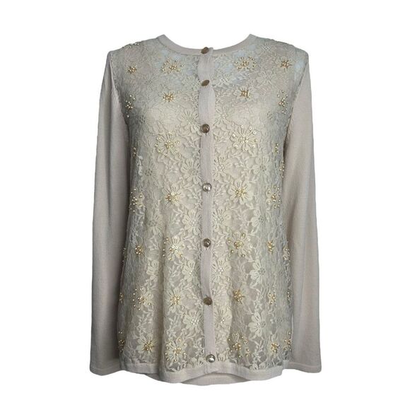 Vintage Y2K Victor Costa Twinset XS Beige Sheer Lace Beaded Cardigan & Tank - Picture 5 of 9